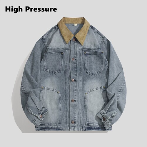 High Pressure巴恩风复古拼接翻领工装牛仔外套男女秋季短款夹克