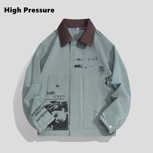 High Pressure美式复古vintage做旧印花翻领工装夹克男女宽松外套