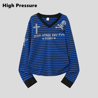 High Pressure条纹烫钻反光印花V领长袖男女宽松撞色条纹上衣