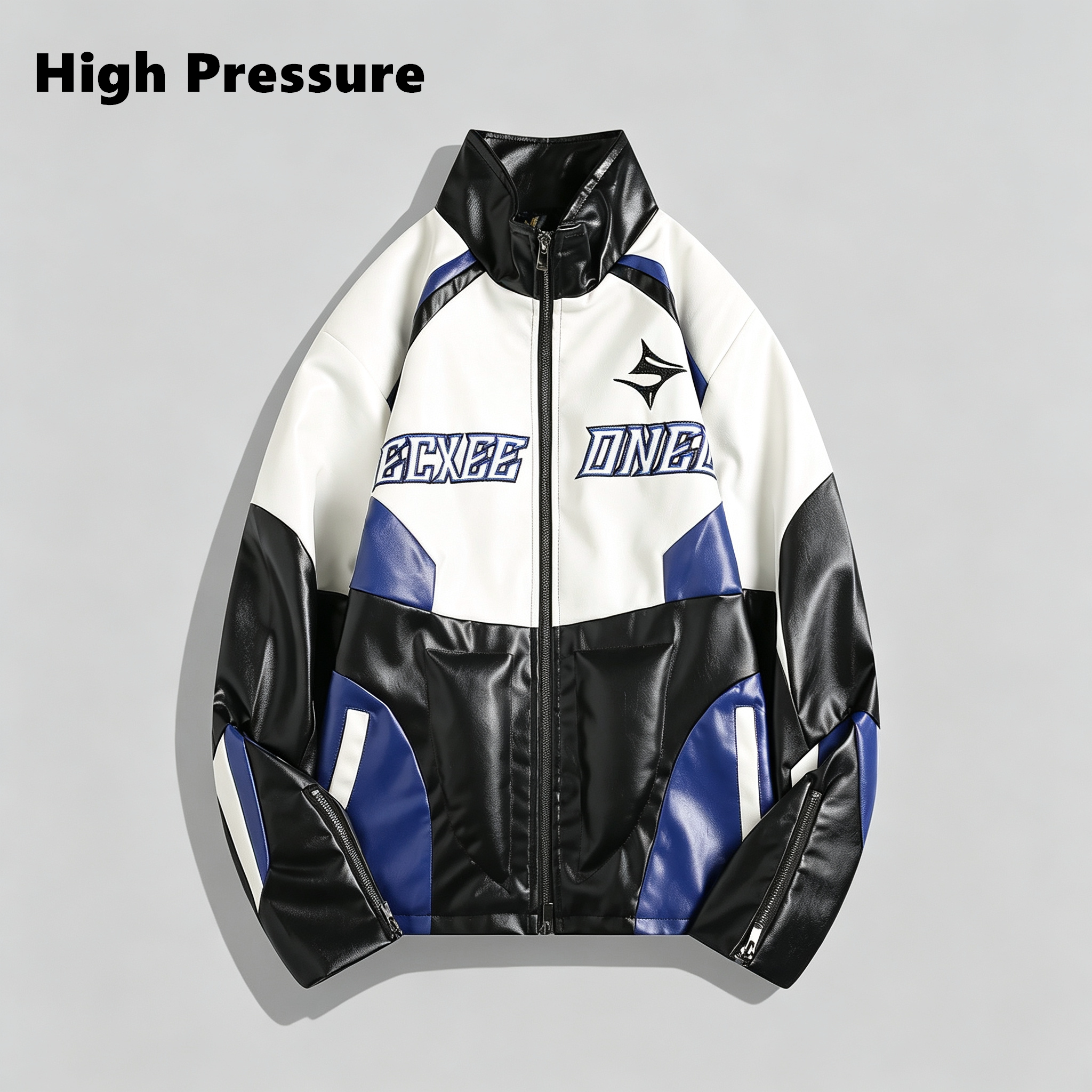 High Pressure机车夹克男女春季宽松街头赛车服立领撞色皮衣外套