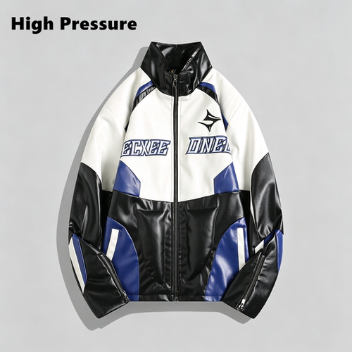 High Pressure机车夹克男女春季宽松街头赛车服立领撞色皮衣外套