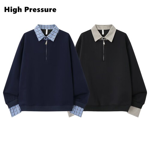 High Pressure美式格子拼接翻领夹克男女复古宽松情侣百搭外套