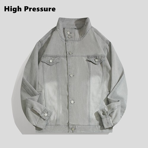 High Pressure美式复古立领斜门襟牛仔夹克设计感工装夹克上衣