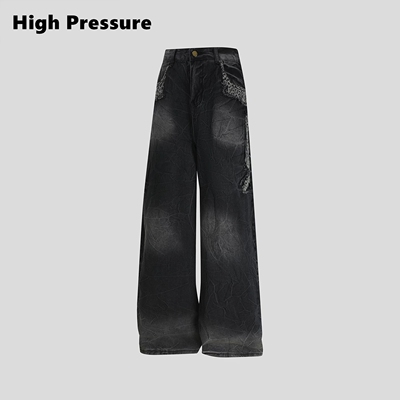 High Pressure美式黑色豹纹拼接阔腿牛仔裤复古宽松破洞直筒裤