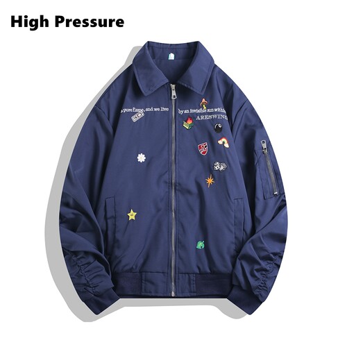 High Pressure美式复古翻领夹克男女街头风徽章刺绣设计感外套