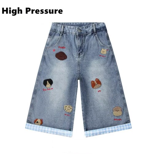 High Pressure美式水洗做旧小狗刺绣牛仔七分裤夏季宽松阔腿短裤