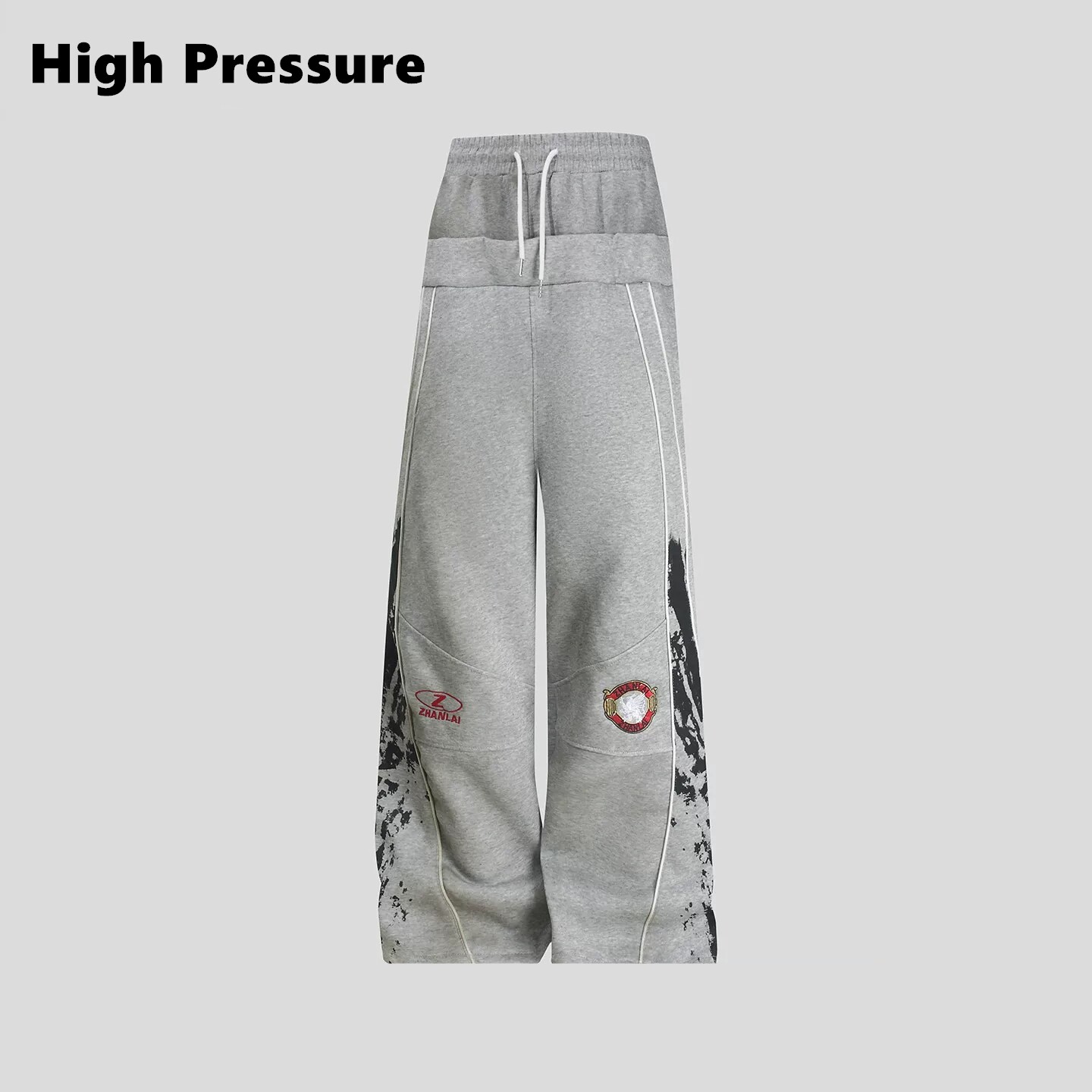 High Pressure美式复古赛车风做旧双腰头卫裤刺绣印花阔腿休闲裤