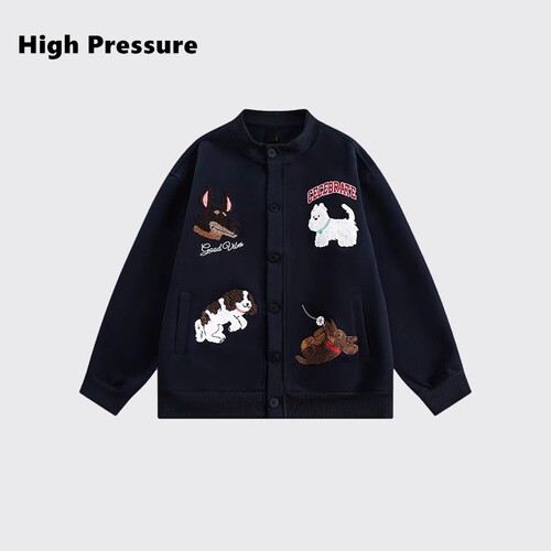 High Pressure春秋季卡通小狗毛巾绣开衫卫衣慵懒风宽松外套情侣
