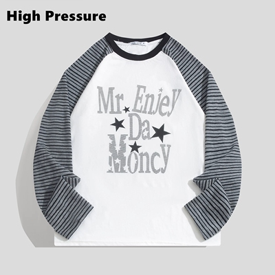 High Pressure美式条纹插肩袖拼接长袖t恤春秋慵懒风打底衫上衣