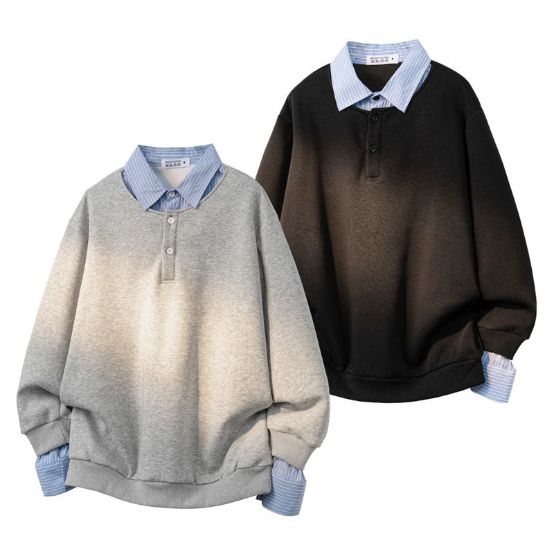 High Pressure高智感假两件条纹拼接POLO领卫衣男秋季情侣上衣