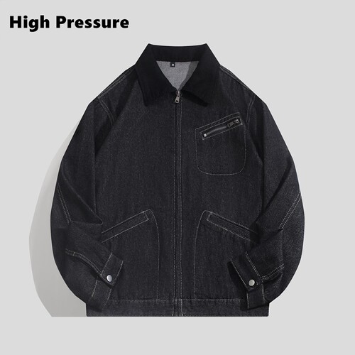 High Pressure秋季美式复古vintage翻领牛仔夹克男宽松百搭外套
