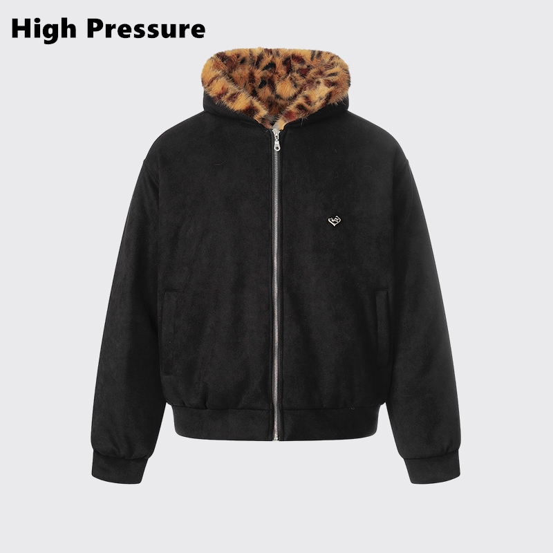 High Pressure美式复古豹纹毛领连帽棉衣男宽松加厚保暖棉服外套