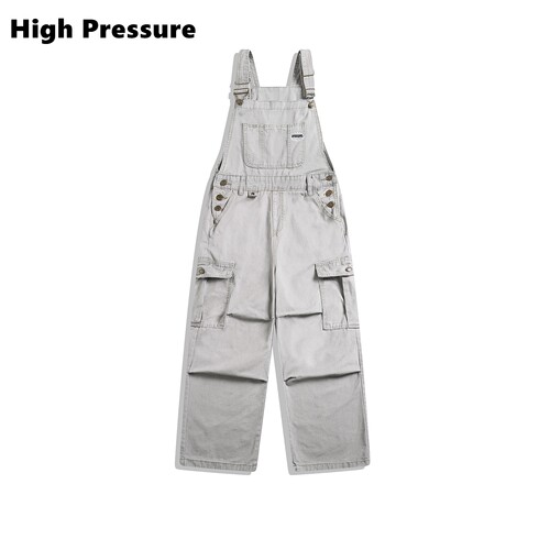 High Pressure美式复古工装风背带裤宽松阔腿水洗多口袋牛仔长裤