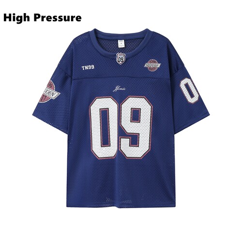 High Pressure美式网眼镂空v领09字母印花球服橄榄速干T恤短袖男