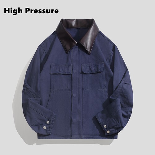 High Pressure复古蓝巴恩风水洗撞色皮领工装夹克男款秋廓形外套