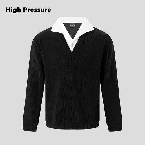 High Pressure假两件叠穿翻领卫衣男秋季高级感麦穗纹长袖t恤上衣