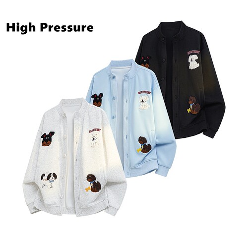 High Pressure学院风小狗毛巾绣棒球服夹克春季美式开衫情侣卫衣