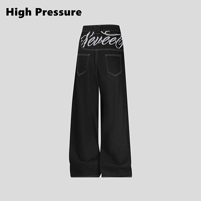 High Pressure美式复古刺绣排扣牛仔裤廓形宽松休闲百搭阔腿长裤