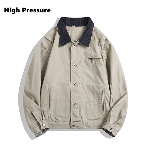 High Pressure美式复古工装风夹克男女宽松休闲撞色翻领设计外套
