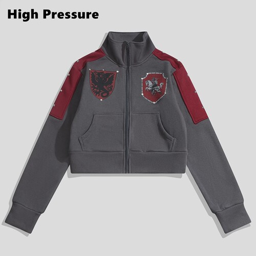 High Pressure街头风复古立领外套秋季撞色拼接宽松夹克上衣