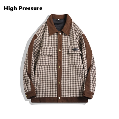 High Pressure美式复古翻领夹克男女宽松百搭格纹拼接设计感外套