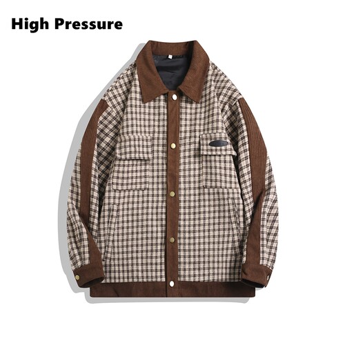 High Pressure美式复古翻领夹克男女宽松百搭格纹拼接设计感外套