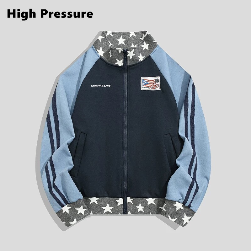 High Pressure美式复古星星立领运动开衫卫衣外套拼接撞色上衣