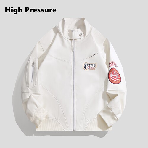 High Pressure美式复古机车皮衣夹克立领荔枝纹撞色宽松秋季外套