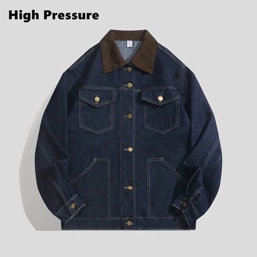 High Pressure复古水洗工装牛仔夹克宽松翻领多口袋秋季外套上衣