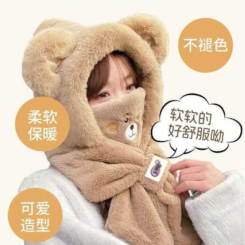 帽子女款2025新款冬秋围脖口罩保暖小熊仿兔毛绒防寒骑行防风护耳