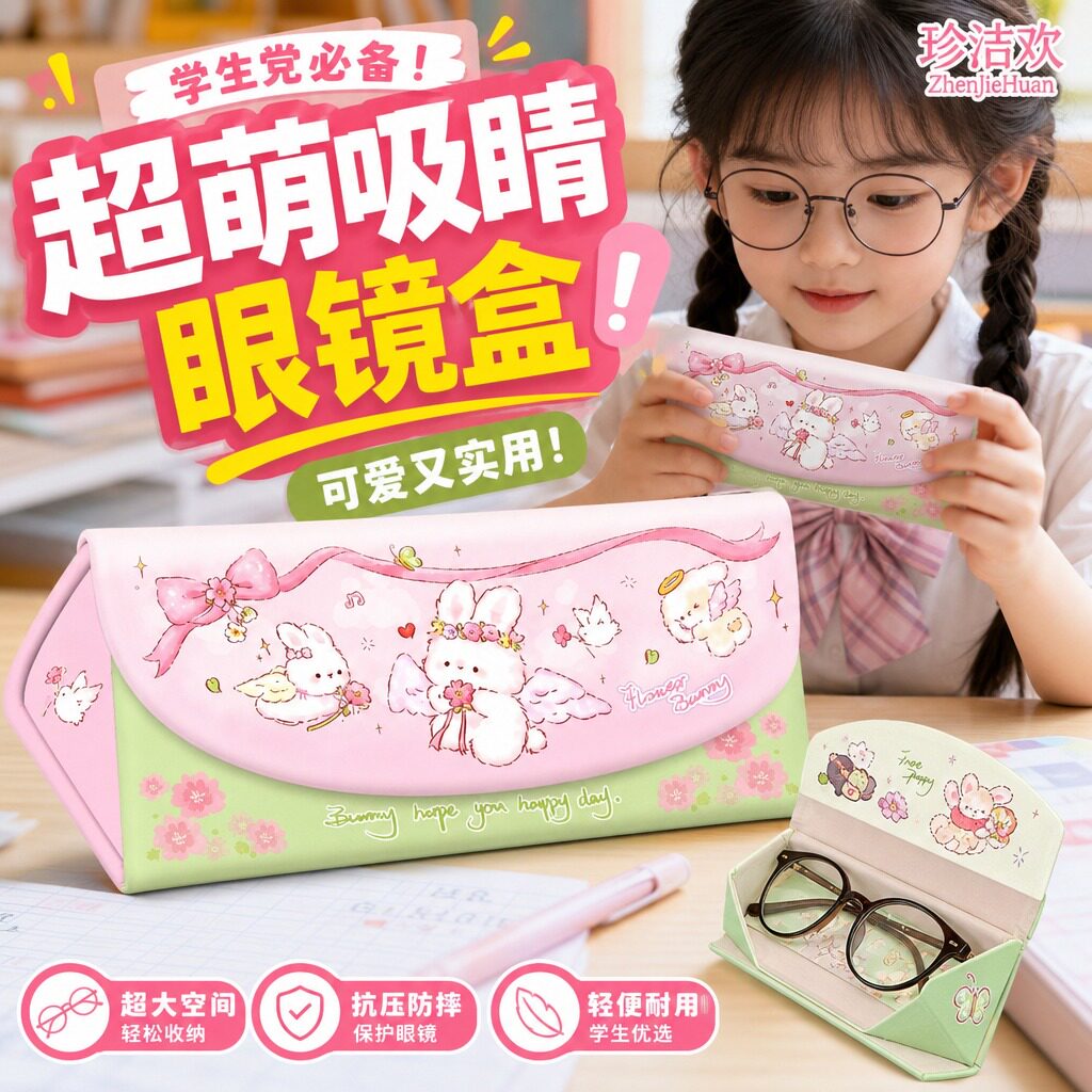 儿童三角折叠眼镜盒便携防压女款高颜值磁吸学生防摔墨镜收纳盒子