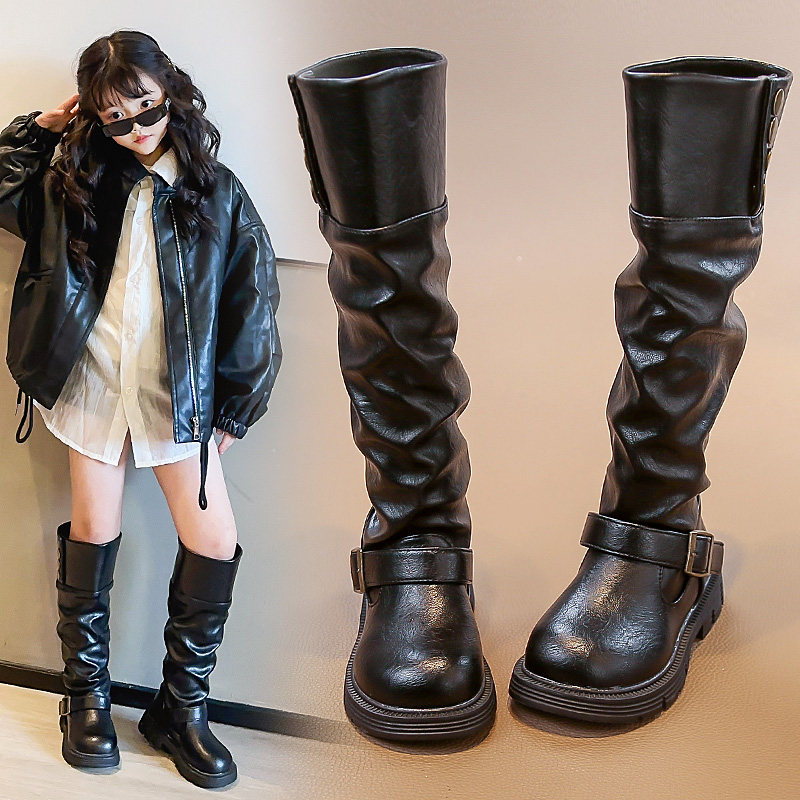 女童长筒靴子2025秋冬新款儿童高筒靴小女孩潮流皮靴英伦风骑士靴