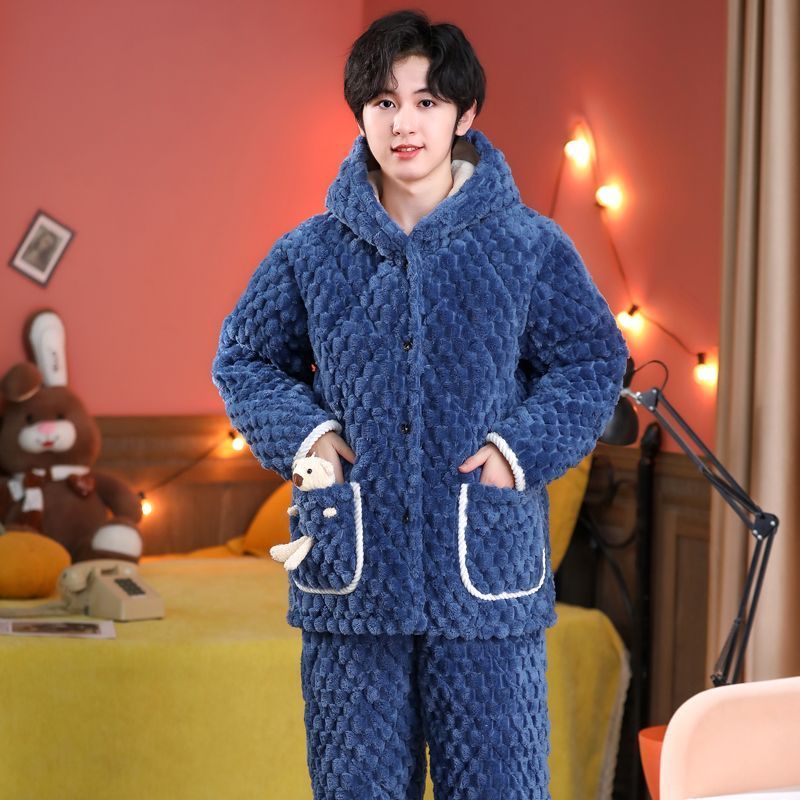 男童睡衣冬季加厚保暖儿童家居服三层夹棉法兰绒中大童男孩青少年