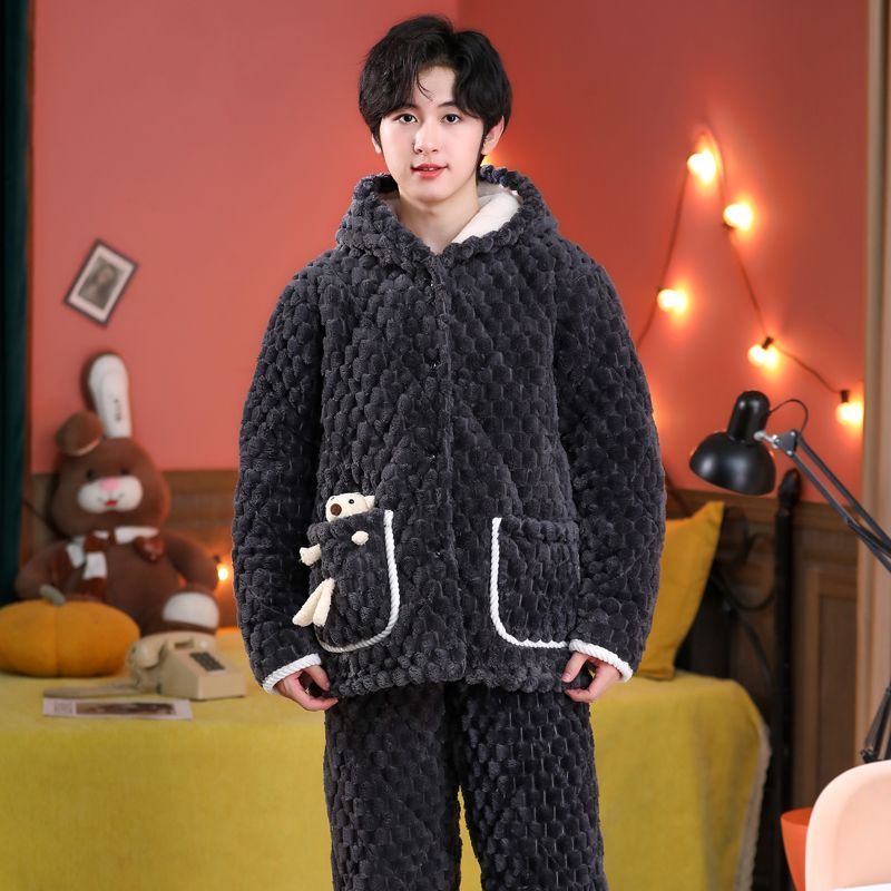 男童睡衣冬季加厚保暖儿童家居服三层夹棉法兰绒中大童男孩青少年