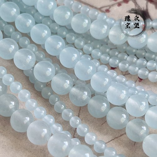 天然汉白玉加色 浅蓝色玉髓圆珠散珠 珠子散珠手工材料配件
