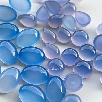 浅蓝色玛瑙戒面 平底无孔戒面 椭圆形水滴形手工diy配饰镶嵌宝石
