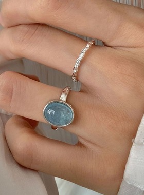 天蓝椭圆锆石戒指女时尚优雅气质