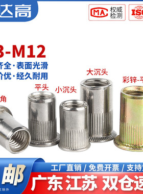 304不锈钢拉铆螺母彩锌拉帽滚花平头柱纹铆螺母M3M4M5M6MM8M10M12