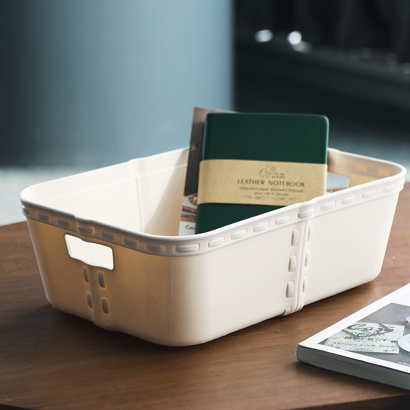 纯色家用仿藤编带提手桌面收纳盒