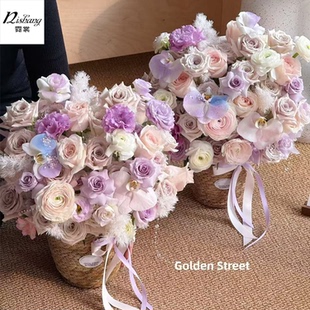 仙子之吻花束抱抱桶草编花篮鲜花包装盒花艺插花礼物简约手捧礼盒