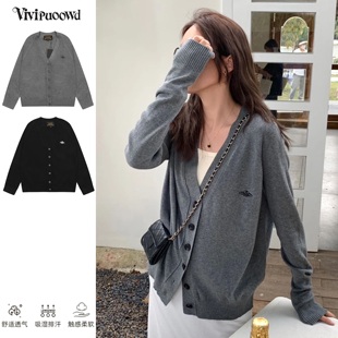 VIVIPUOOWD土星刺绣春秋款V领针织开衫慵懒休闲风百搭毛衣外套