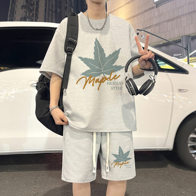 孙恩盛同款华夫格运动套装男夏季新款国风潮牌短袖T恤短裤帅气
