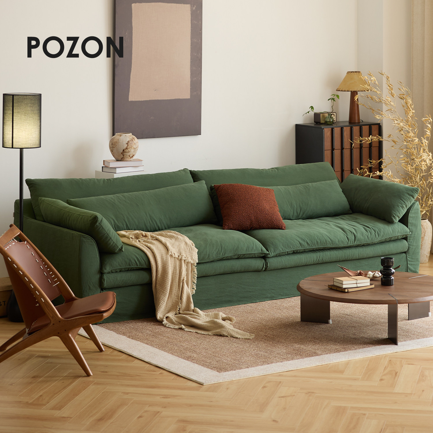 POZON朴琢/国风官绿风信子天然亚麻沙发侘寂风布艺棉麻可拆洗奶油