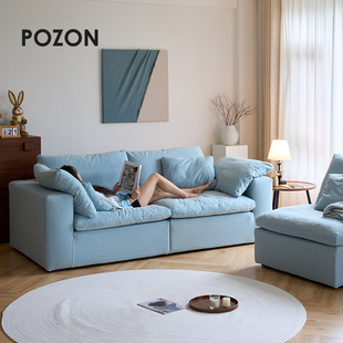 POZON朴琢Cloud云沙发牛仔布蓝色棉麻亚麻直排布艺客厅中古侘寂风