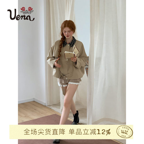 Uena卡其色格纹翻领落肩袖风衣