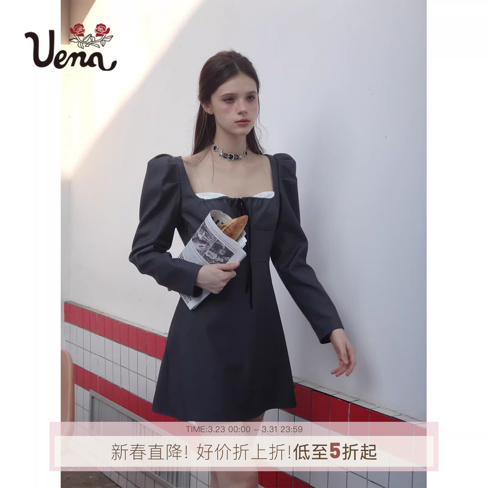 【廊桥遗梦】Uena美式复古灰色双层方领胸前抽绳泡泡袖长袖连衣裙