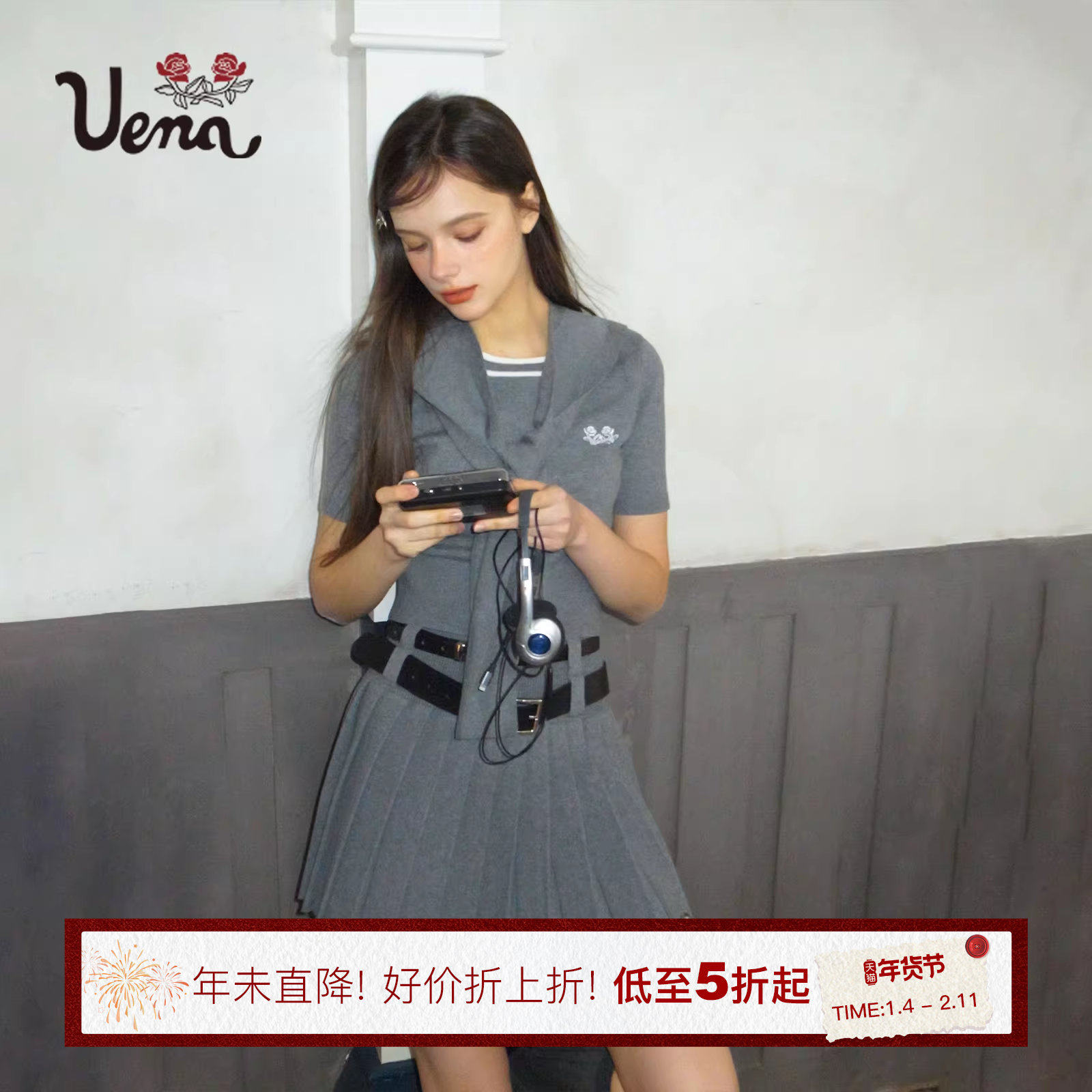 【伊莎贝拉】Uena美式复古羊毛混纺针织短袖带披肩百褶半身裙套装