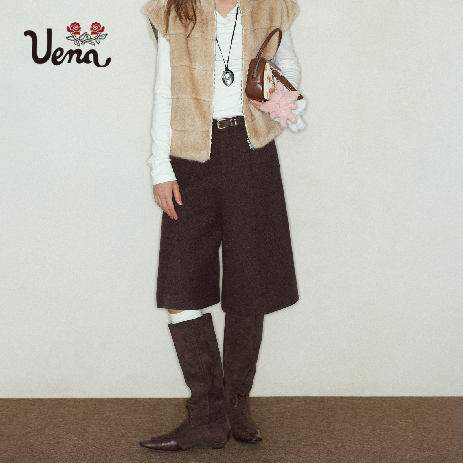 Uena羊毛呢中长款休闲裤六分裤女