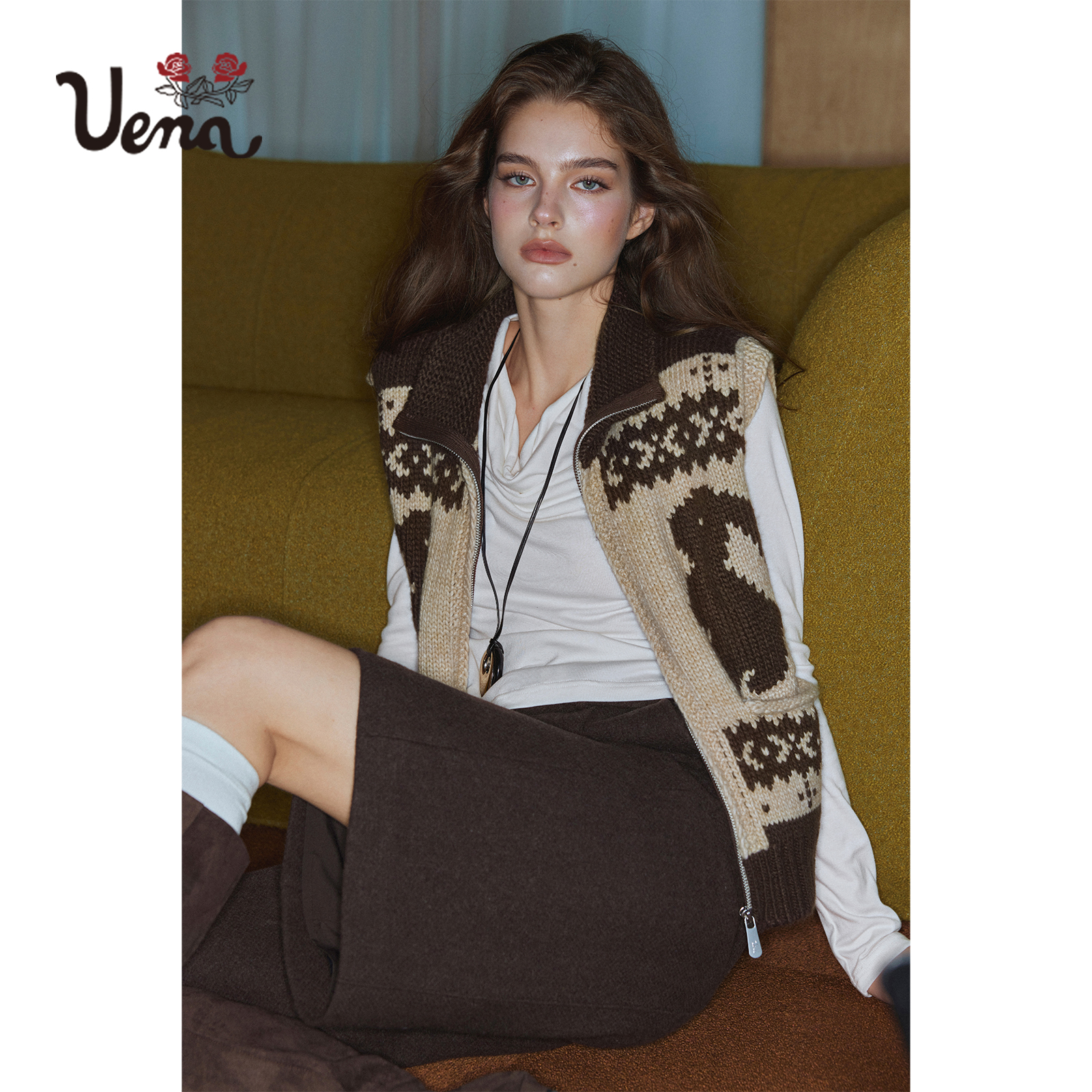 Uena费尔岛毛针织开衫马甲外套女