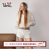 连帽卫衣A字休闲短裤 套装 Uena米色碎花短款 落肩袖 莫奈 花信